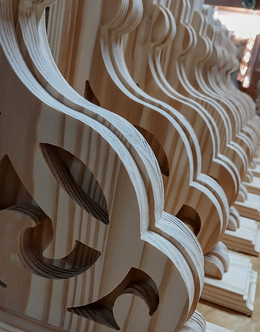 Close-up of wooden carvings with intricate patterns