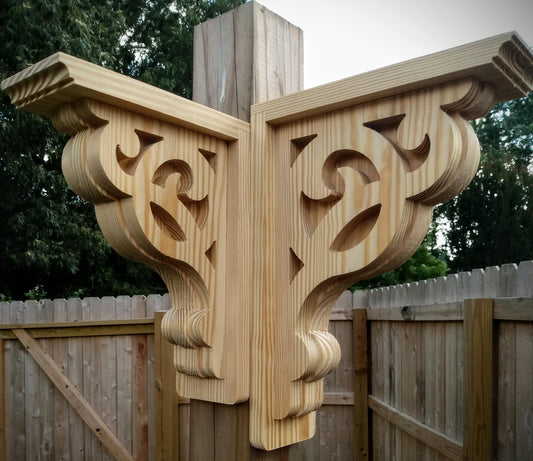 Two wood corbels outdoors